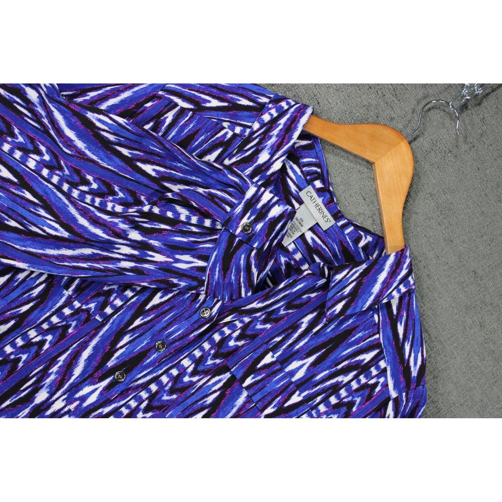 Catherines 0X 14/16W Blue Purple Ikat Print Button Down Long Sleeve Blouse Shirt